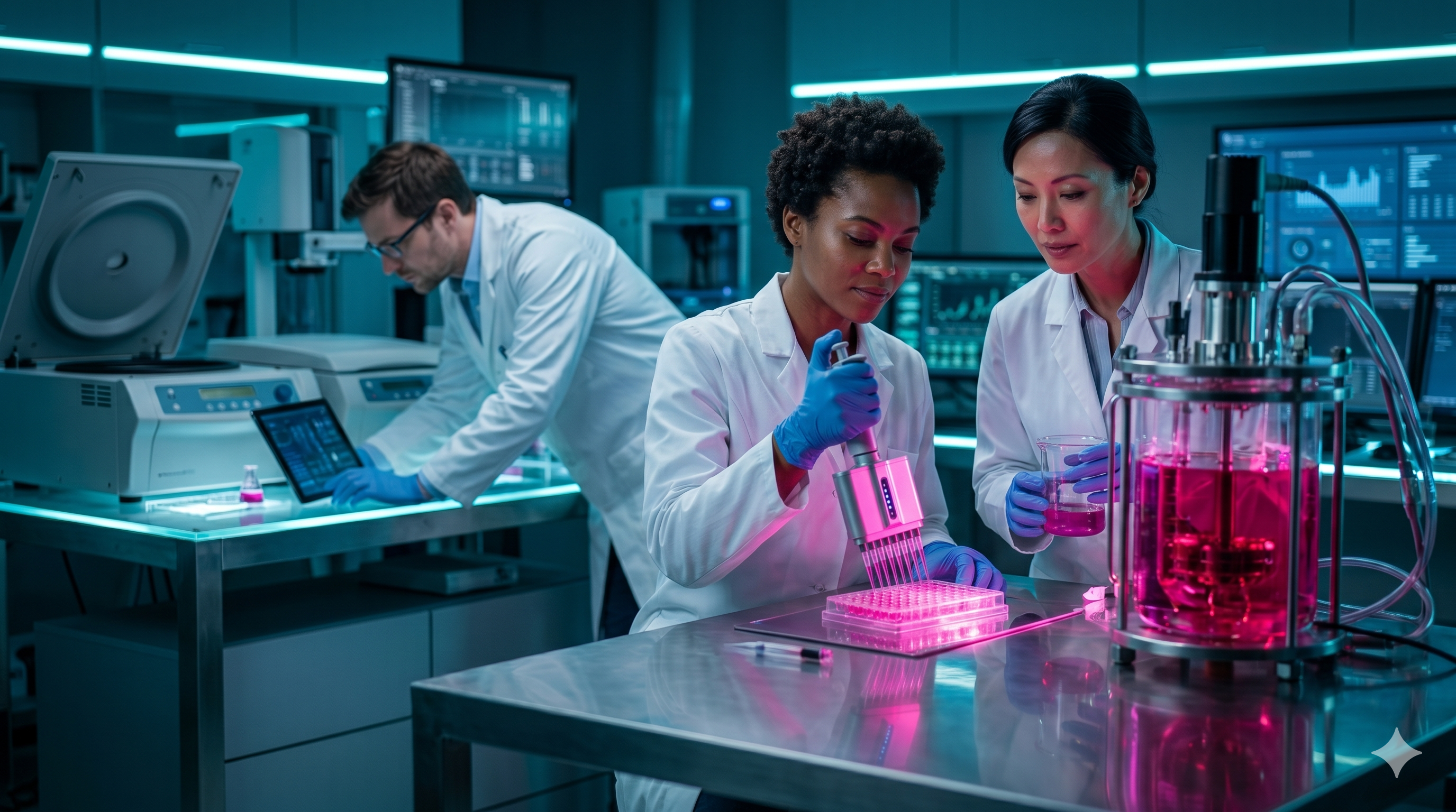 Research team analyzing samples in a modern laboratory